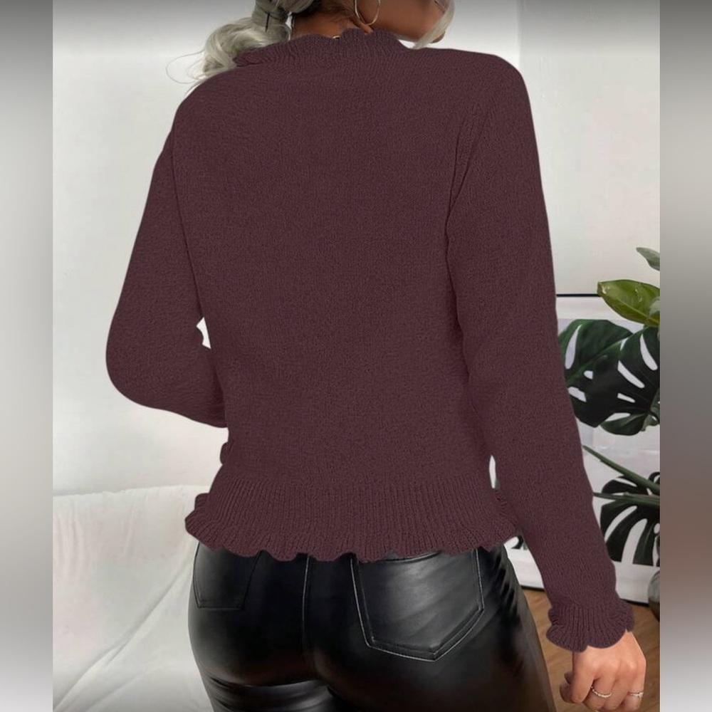Brown Ruffled Button-Up Sweater - Picture 3 of 5